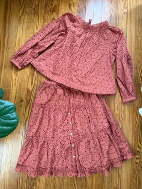 Roller Rabbit coral eyelet tiered skirt and blouse set
